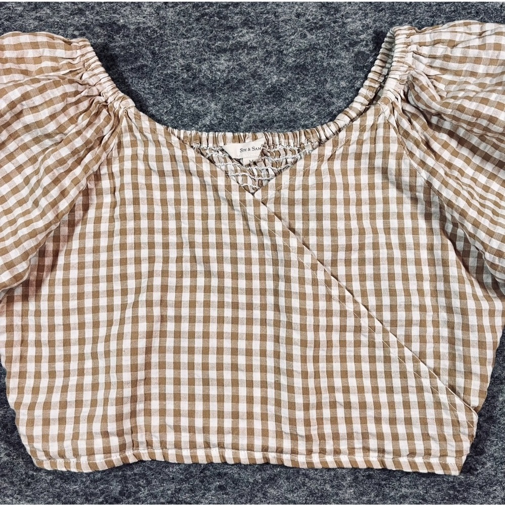 Sim & Sam Crop Top Womens M Tan Gingham Smocked Boho Puff Sleeve Cottagecore - Picture 4 of 10